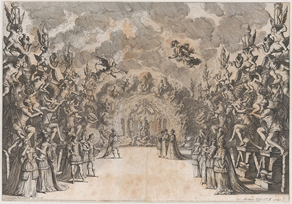 The Seat of Saturn; Saturn at center, seated on a throne of rubble, conversing with a king and three men who stand before him; lining the walls on each side are four figures of Saturn devouring children; set design from 'La Monarchia Latina Trionfante' — Ludovico Ottaviano Burnacini|Mathäus Küsel