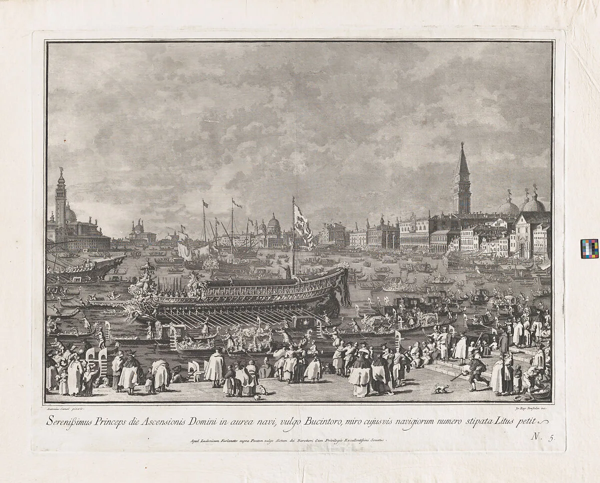 Plate 5: The Doge in the Bucintoro Departing for the Porto di Lido on Ascension Day, from 'Ducal Ceremonies and Festivals' (Le Feste Ducali) — Lodovico Furlanetto|Giovanni Battista Brustolon|Canaletto (Giovanni Antonio Canal)