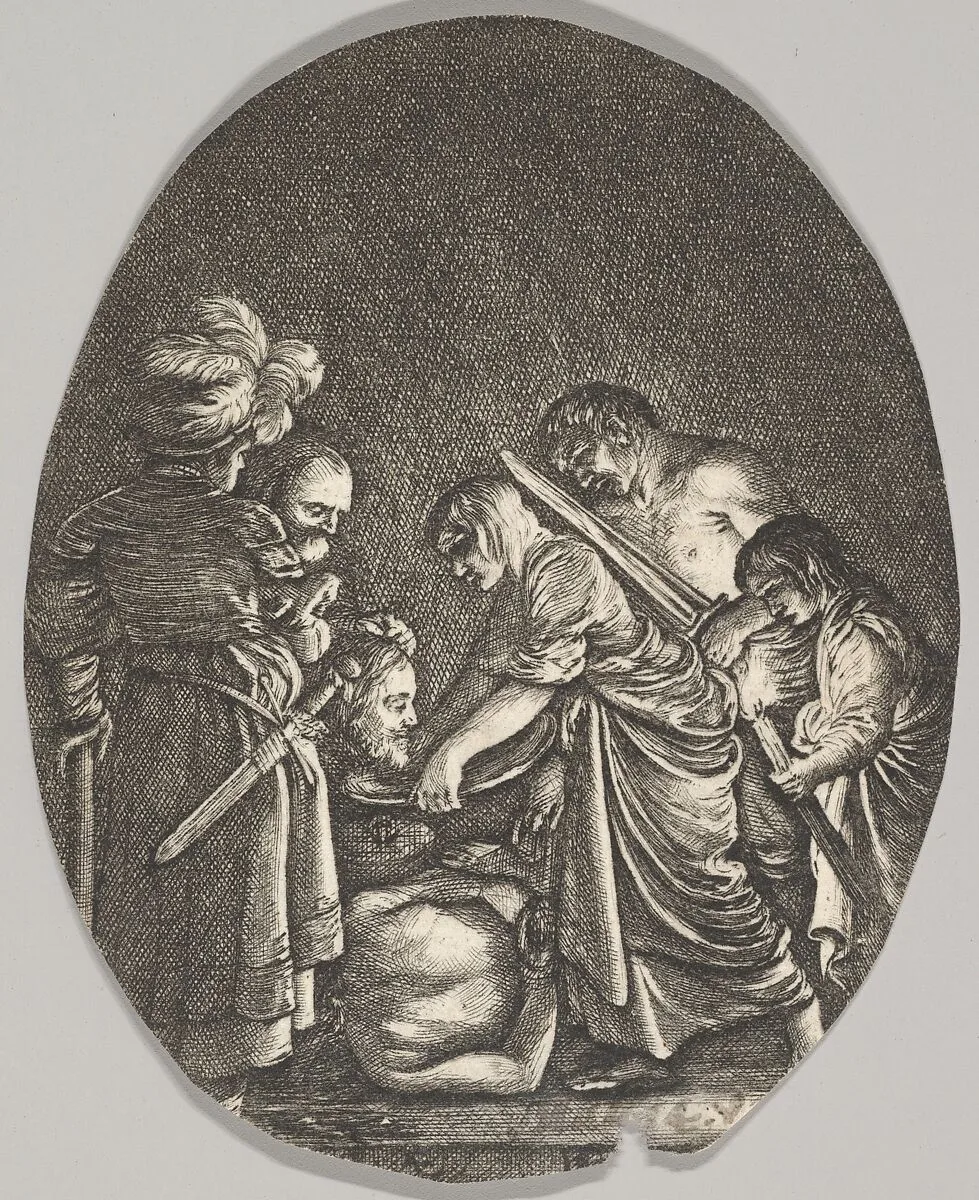 Salome receiving the head of John the Baptist, surrounded by three men and a child bearing a torch, the Baptist's body lies on the ground, an oval composition — Hendrick Goudt|Adam Elsheimer