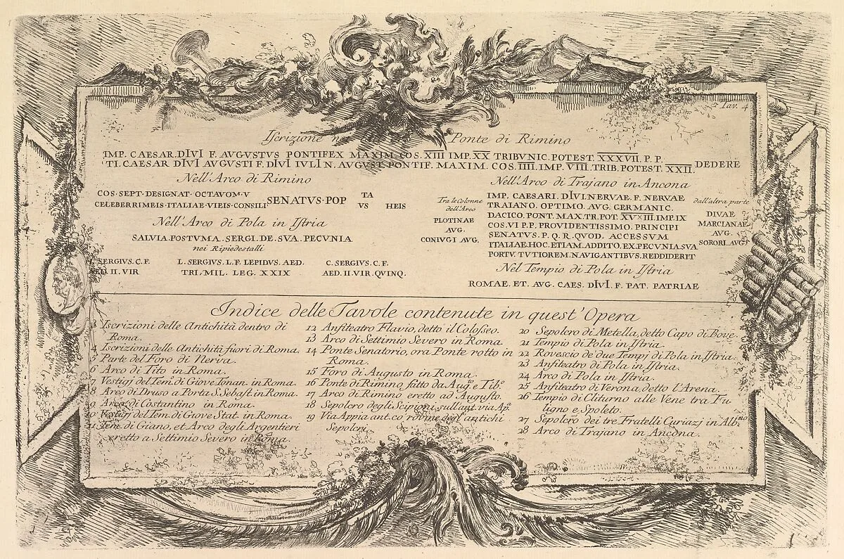 Iscrizione nei lati del Ponte di Rimino (Inscription on the side of the Rimini Bridge) followed by an index of plates in the volume, from "Antichità Romane de' Tempi della Repubblica, e de' primi Imperatori" — Giovanni Battista Piranesi