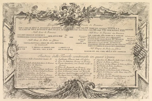 Iscrizione nei lati del Ponte di Rimino (Inscription on the side of the Rimini Bridge) followed by an index of plates in the volume, from "Antichità Romane de' Tempi della Repubblica, e de' primi Imperatori"