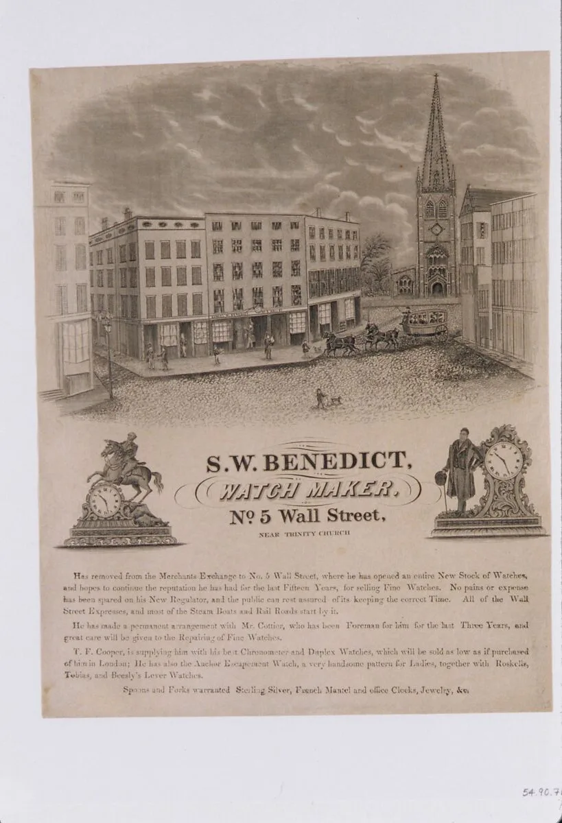 Tradecard of S. W. Benedict, Watchmaker, No. 5 Wall Street, New York — S. W. Benedict|Augustus Hyatt
