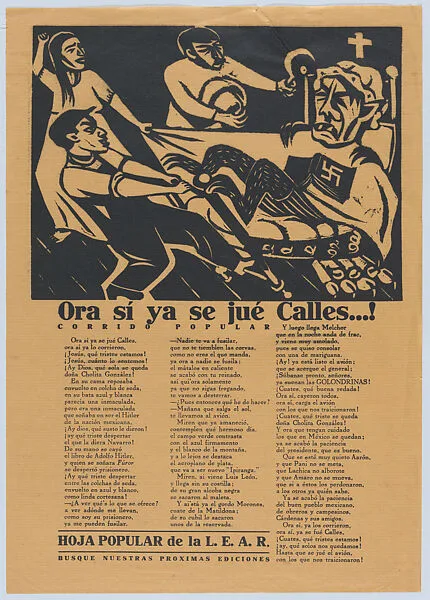 Corrido (ballad) issued by the 'Liga de Escritores y Artistas Revolucionares' (LEAR) with an image of Plutarco Elías Calles being dragged from his bed — José Chávez Morado