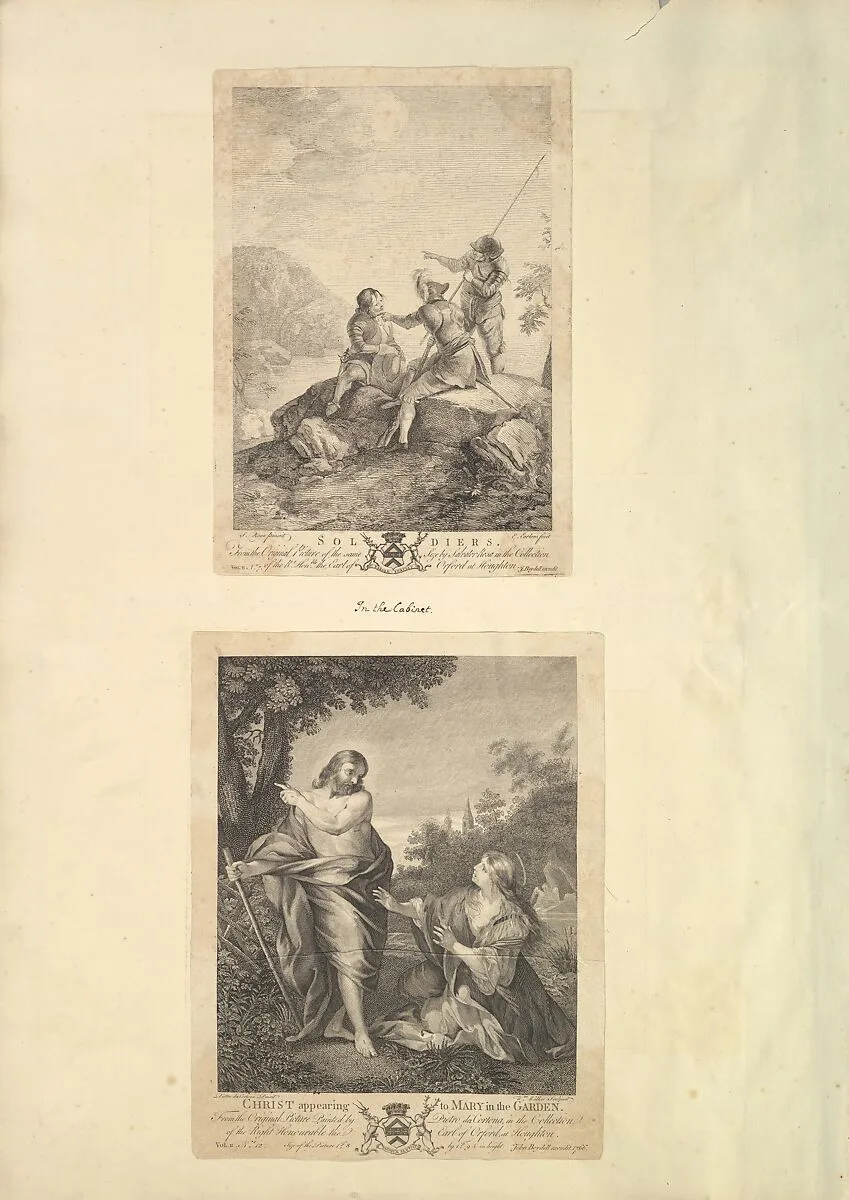 Leaf from Aedes Walpolianae mounted with two prints: (a): Three Soldiers; (b): Christ Appearing to Mary in the Garden — Richard Earlom|Salvator Rosa|John Boydell|William Walker|Pietro da Cortona (Pietro Berrettini)