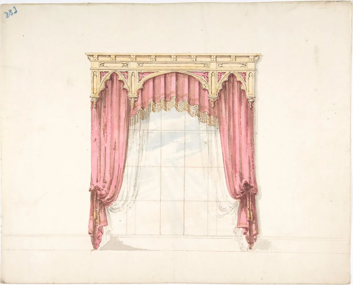 Design for Red Curtains with Gold Fringes and a Gold Gothic Pediment — Anonymous, British, 19th century