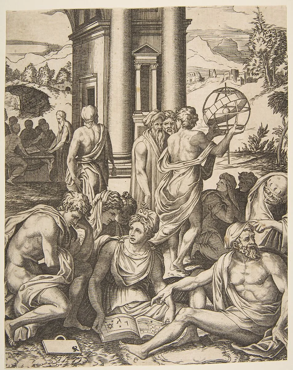 Assembly of male and female scholars gathered around an open book, in the middle ground a man holds aloft an armillary sphere, another group of scholars in the background — Marco Dente|Francesco Salviati (Francesco de' Rossi)