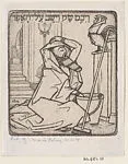 Story of Jonah: Jonah kneeling next o a mop and bucket, a rooster at upper right — Marcus Behmer