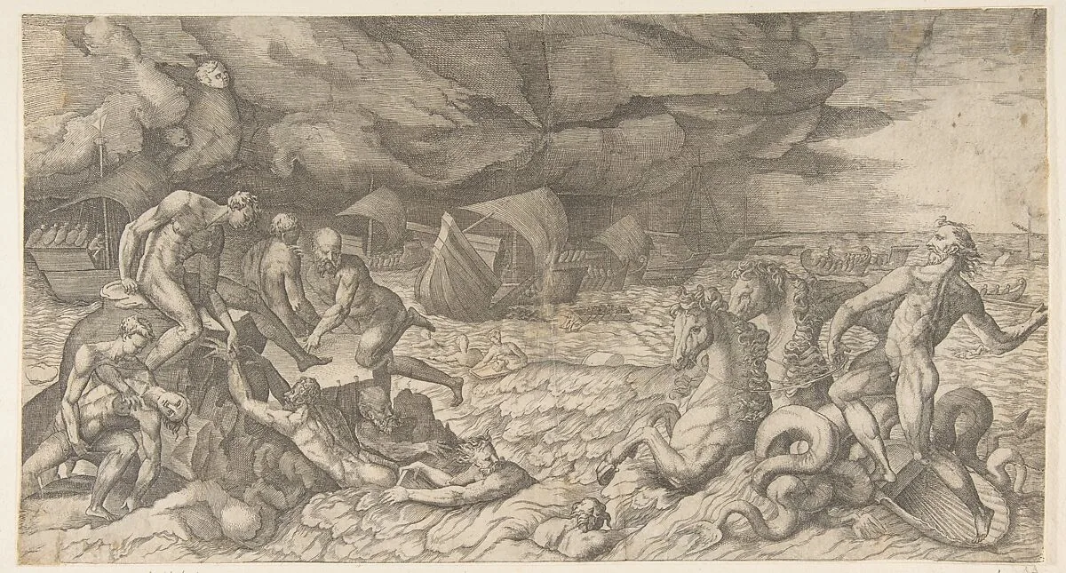 Neptune calming the Tempest Aeolus raised against the Fleet of Aeneas — Giulio Bonasone