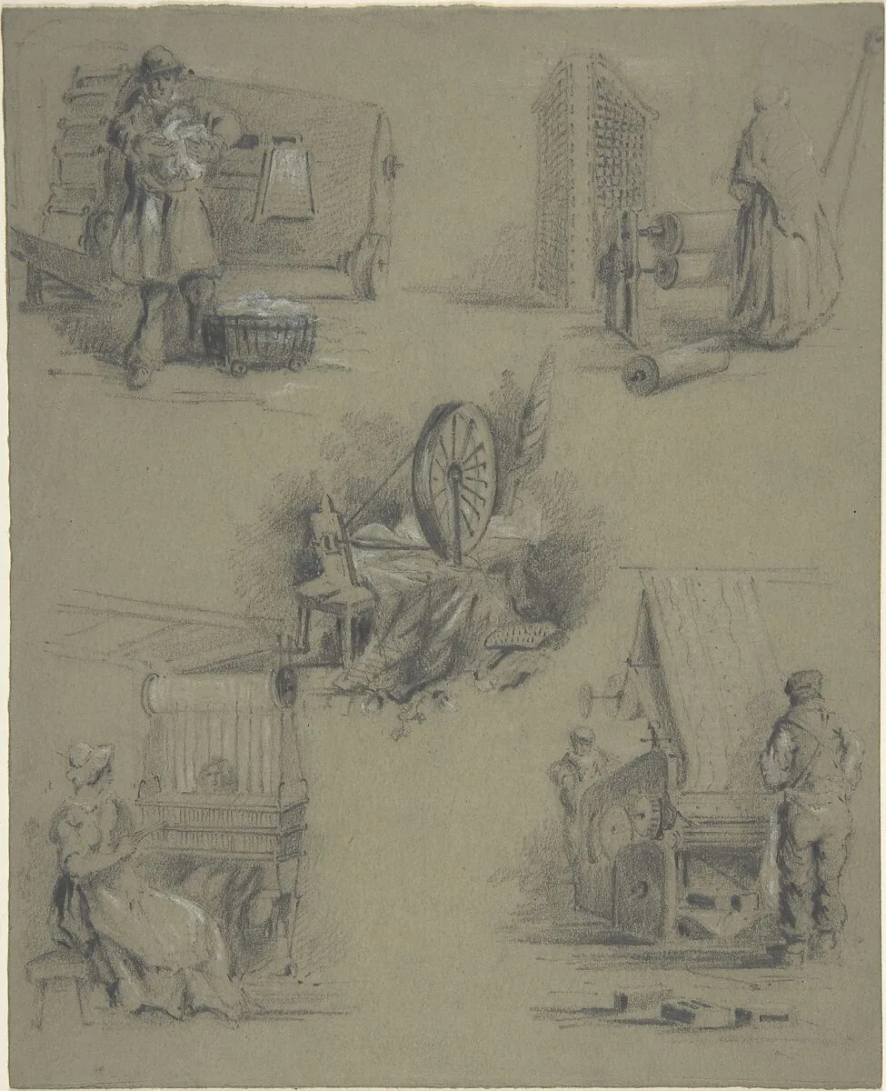 Five drawings showing processes of weaving and spinning — Anonymous, British, 19th century