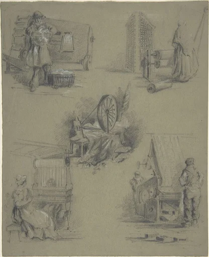 Five drawings showing processes of weaving and spinning