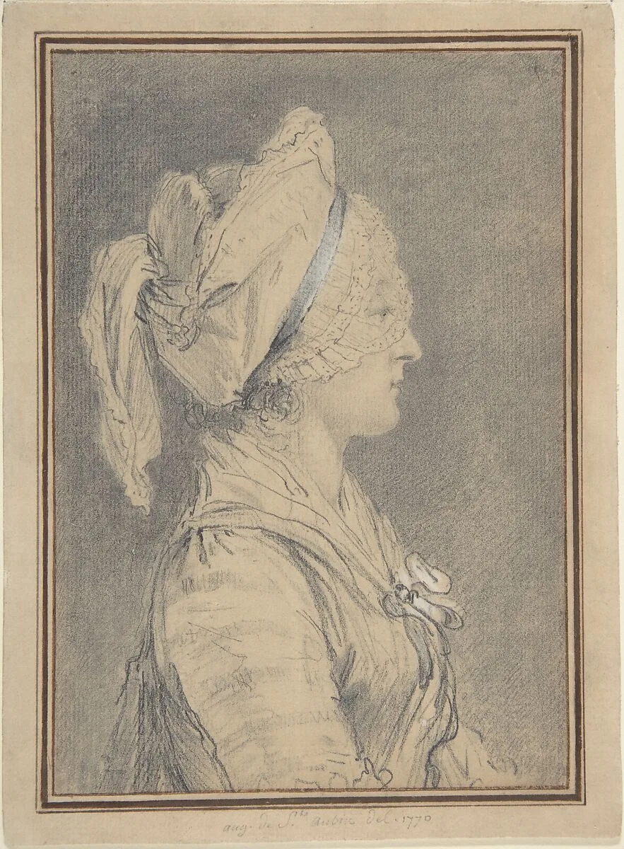 Half Figure of a Woman Wearing a Cap, in Profile to Right — Augustin de Saint-Aubin