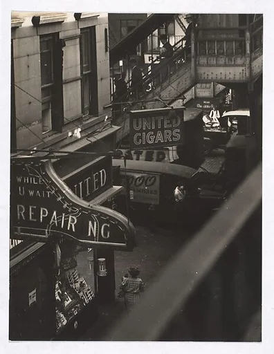 [Shoe Repair Service and Cigar Shop Seen from Elevated Train Platform, New York]