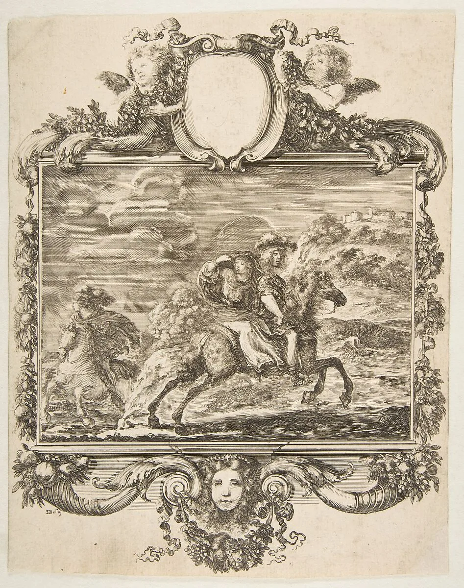 A cavalier and a lady on horseback, within an ornate border decorated with fruit and cornucopias — Stefano della Bella