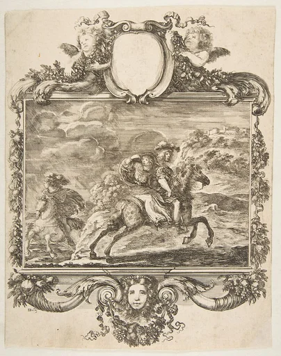 A cavalier and a lady on horseback, within an ornate border decorated with fruit and cornucopias