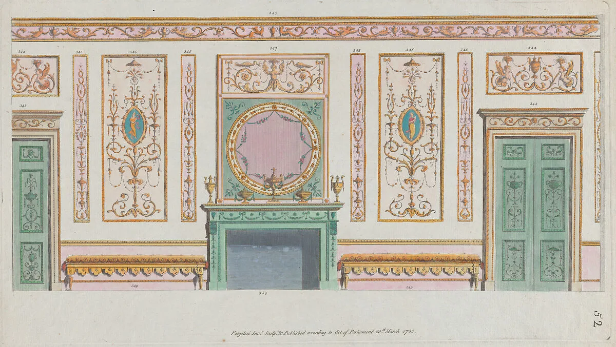 Interior Ornamented Wall with Doors and Fireplace, nos. 344–350, plate 52 from "Designs for Various Ornaments" — Michelangelo Pergolesi