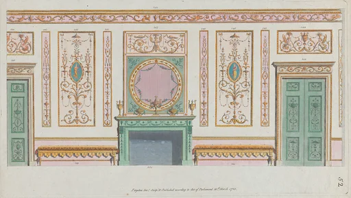 Interior Ornamented Wall with Doors and Fireplace, nos. 344–350, plate 52 from "Designs for Various Ornaments"