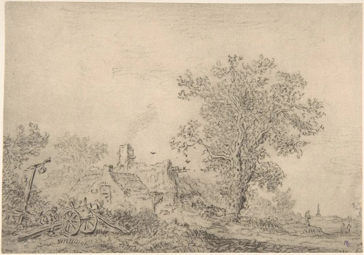 Landscape with cottages and a figure by a cart — Pieter de Molijn