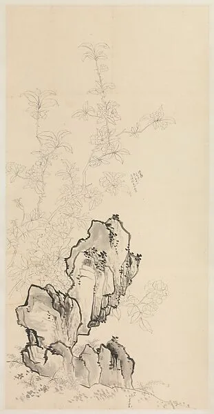 現代 謝稚柳 桃石圖 軸|Flowering Peach and Rock — Xie Zhiliu