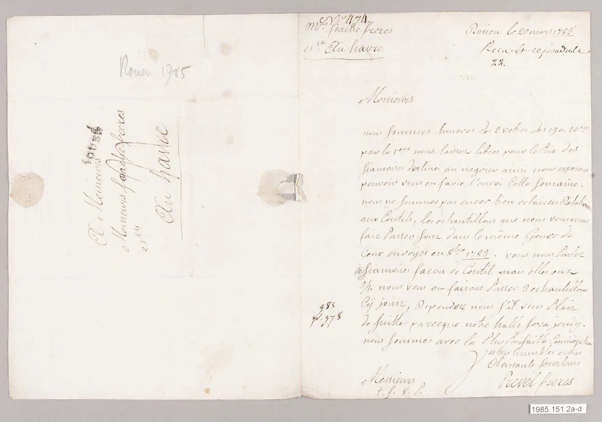 Textile swatch to accompany letter — Unknown