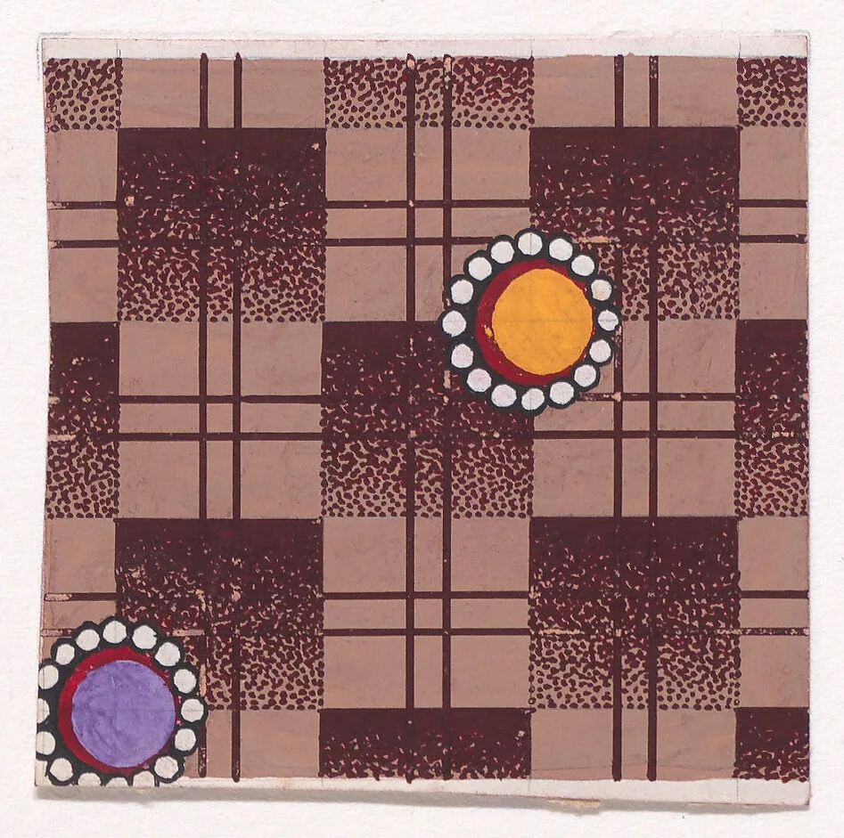 Textile Design with Alternating Rows of Circles Framed by Pearls over a Checked Background — Anonymous, Alsatian, 19th century