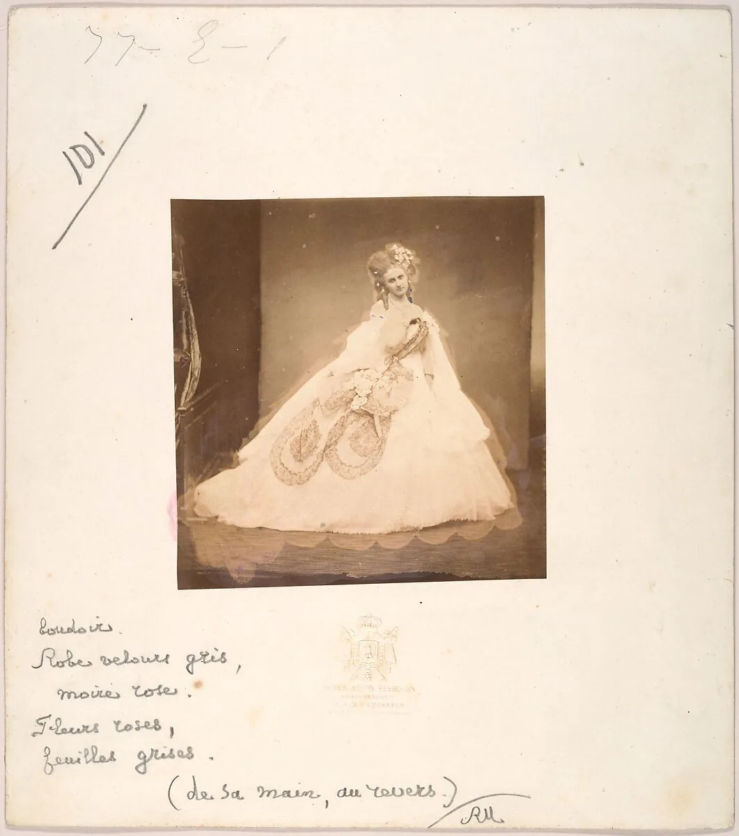 La Bisi. Boudoir, robe velour gris, moire rose, fleurs roses, feuilles grises (de sa mai, au revers.) — Pierre-Louis Pierson