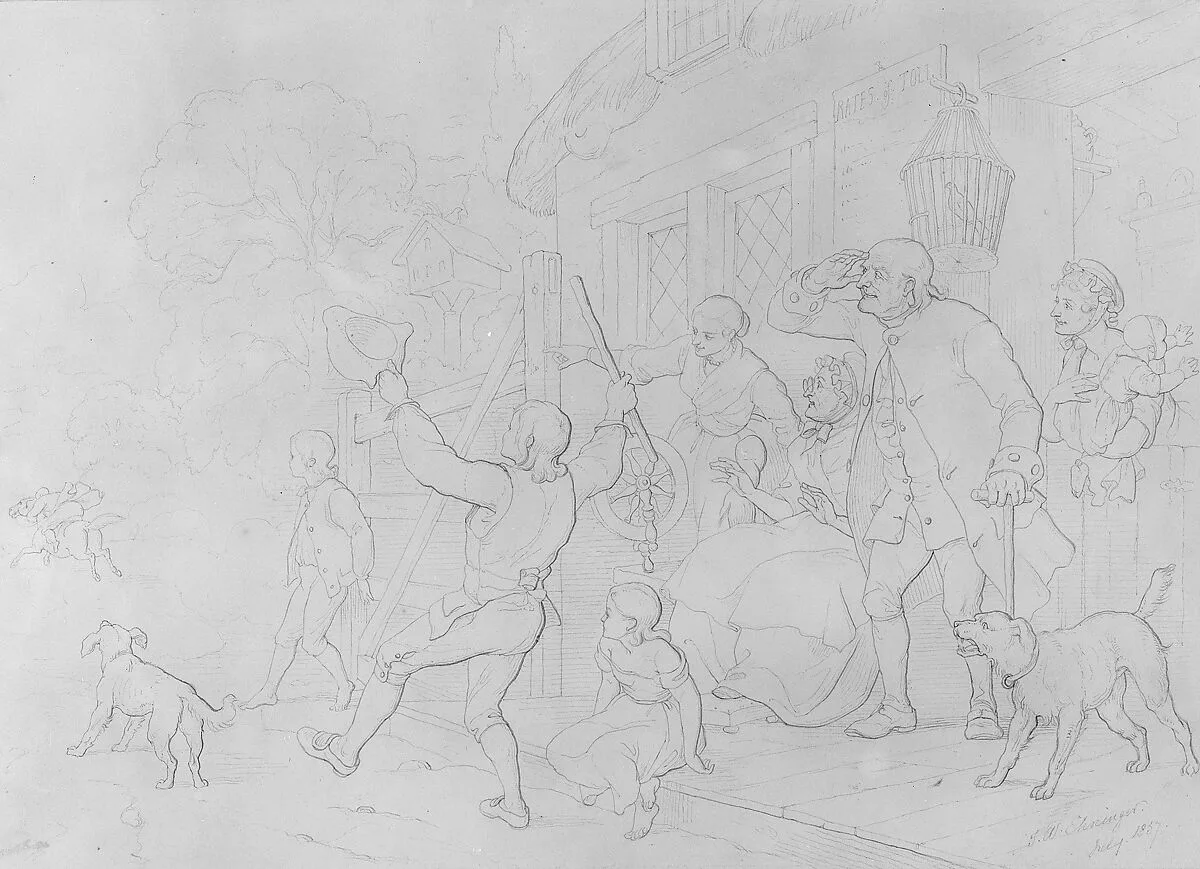 Illustration to William Cowper's Poem "The Diverting History of John Gilpin": John Gilpin's Neighbors Cheer His Speedy Departure from Town as His Horse Runs Away with Him — John Whetten Ehninger