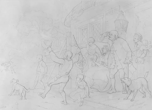 Illustration to William Cowper's Poem "The Diverting History of John Gilpin": John Gilpin's Neighbors Cheer His Speedy Departure from Town as His Horse Runs Away with Him