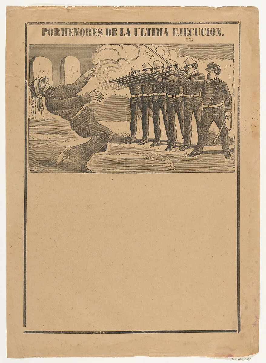 Broadsheet showing a blindfolded man being executed (no letterpress in bottom section) — José Guadalupe Posada|Antonio Vanegas Arroyo