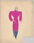 Drawing for a man's theatrical costume with a purple overcoat and gray Fedora hat — Vincente Minnelli