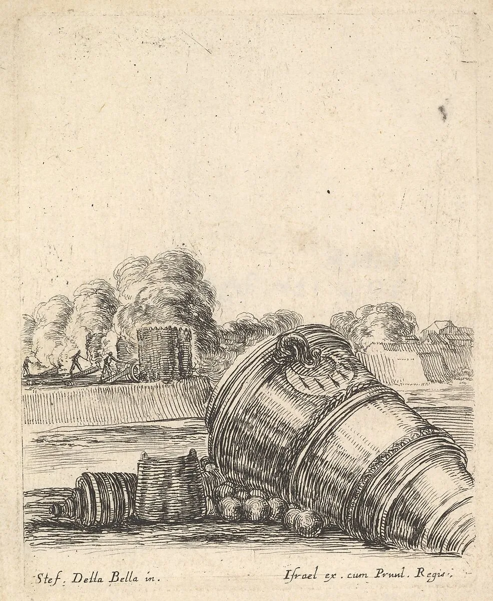 A mortar without a carriage lying on the ground to the right, soldiers firing cannons creating clouds of smoke in the background, from 'Equipment needed for Fortification' (Recueil de diverses pièces très nécessaires à la fortification) — Stefano della Bella|Israël Henriet