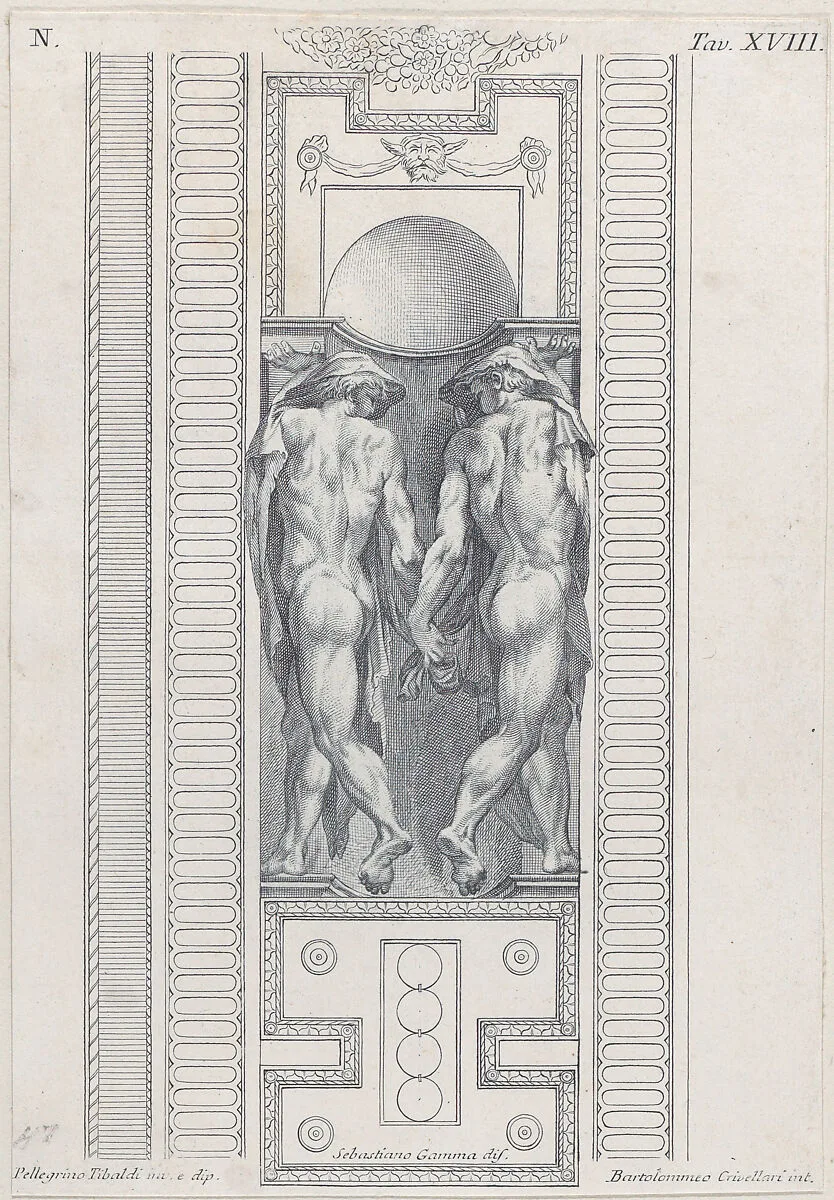 Plate 18: two nude figures wearing veils, seen from behind — Giampietro Zanotti|Bartolomeo Crivellari|Pellegrino Tibaldi|Sebastiano Gamma