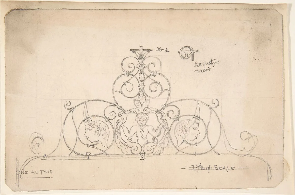 Wrought Metal Foliate Ornament with Grotesque Masks — Anonymous, British, 19th century