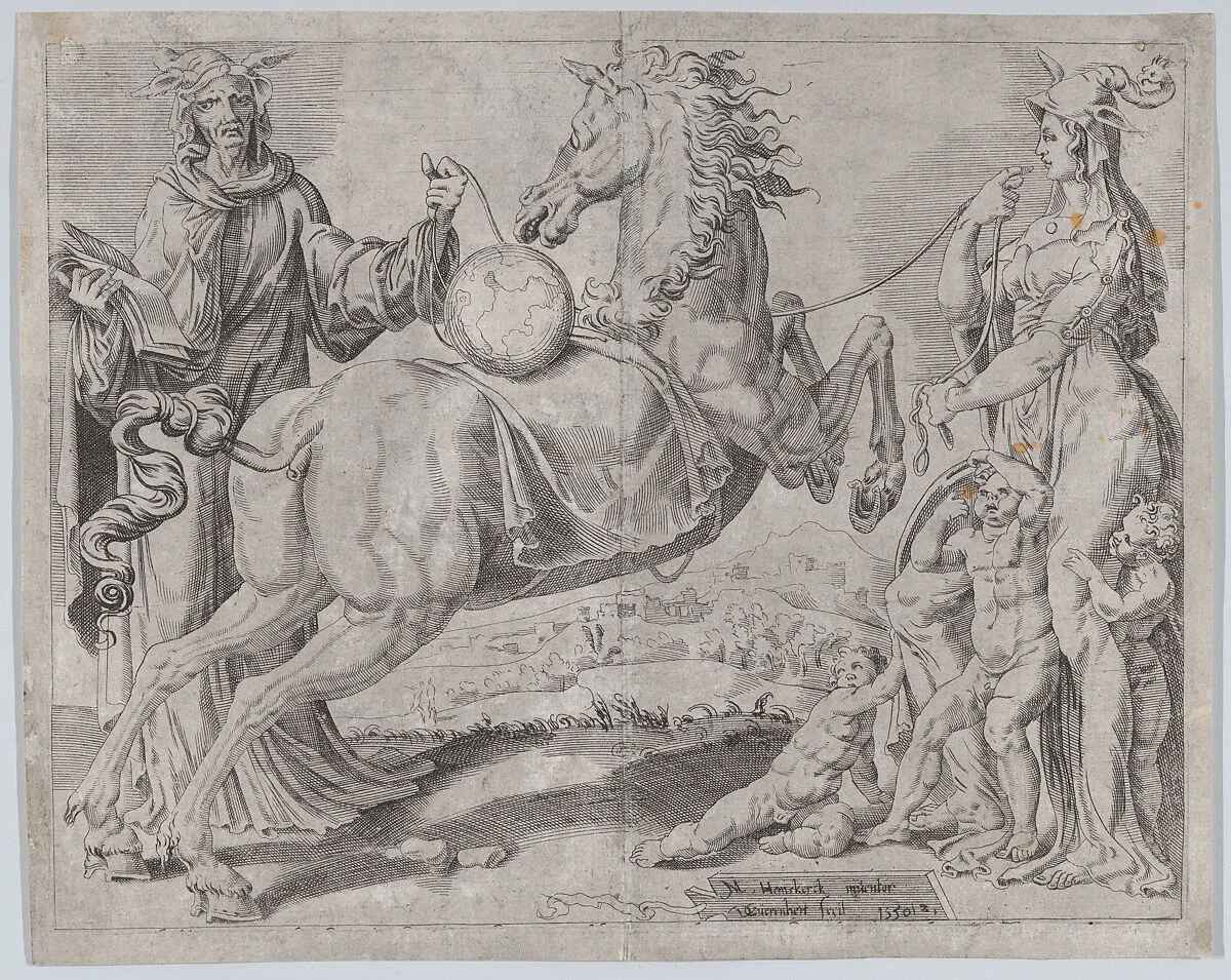 Foolish Knowledge and Foolish Love Trying to Restrain the World, from The Unrestrained World, plate 2 — Dirck Volckertsz Coornhert|Maarten van Heemskerck