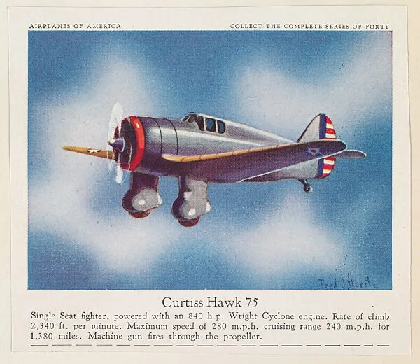 Curtiss Hawk 75, collector card from the Airplanes of America series (D2), issued by the Kelley Baking Company to promote Kelley's Bread — Kelley Baking Company