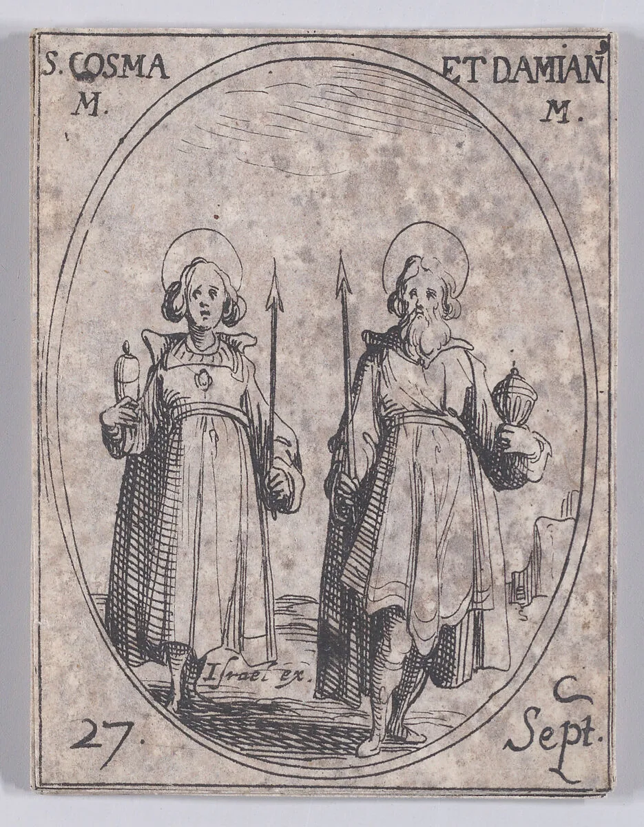 S. Cosme et S. Damien, martyrs (St. Cosmas and St. Damian, Martyrs), September 27th, from "Les Images De Tous Les Saincts et Saintes de L'Année" (Images of All of the Saints and Religious Events of the Year) — Jacques Callot|Israël Henriet