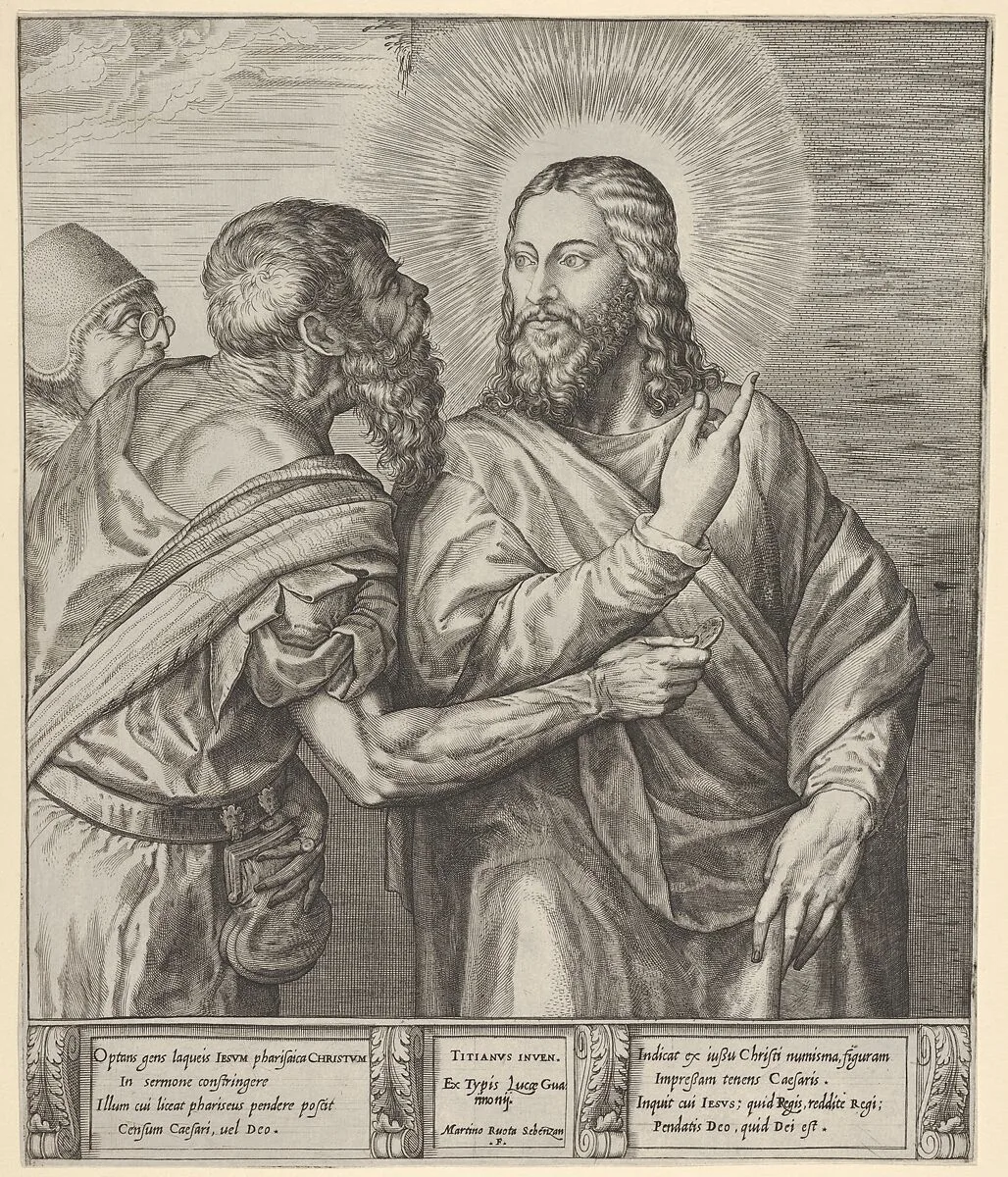 The Tribute Money: two Pharisees, one holding out a coin in his right hand, approach Christ from the left — Martino Rota|Titian (Tiziano Vecellio)|Luca Guarinoni