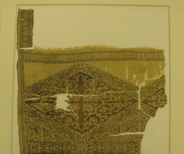 Textile with Pattern of Lozenges with Confronted Horned Quadrupeds, Bands with Dogs Chasing Hares, and Inscribed Bands — Unknown