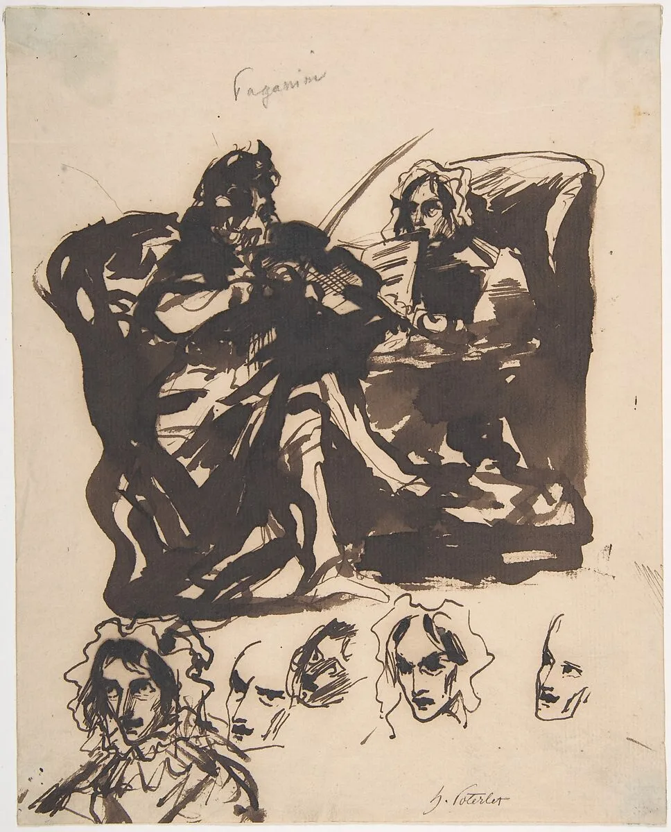 Paganini Playing and Studies of Heads — Niccolò Paganini|Henri-Louis-Hippolyte Poterlet