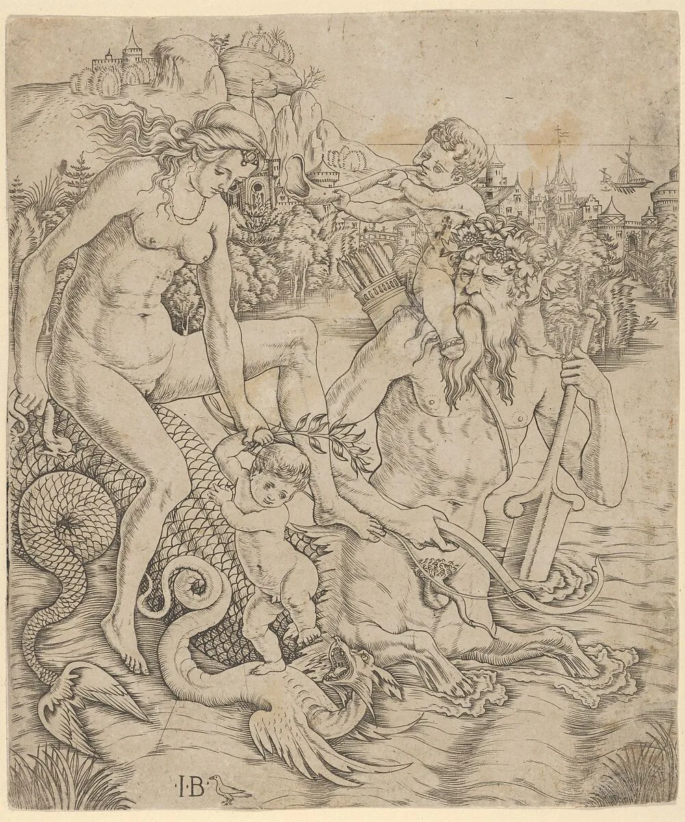 A triton family in the sea, with a mother and child seated on the back of a half-man, half-sea monster with a child blowing on a conch shell on his shoulders — Giovanni Battista Palumba