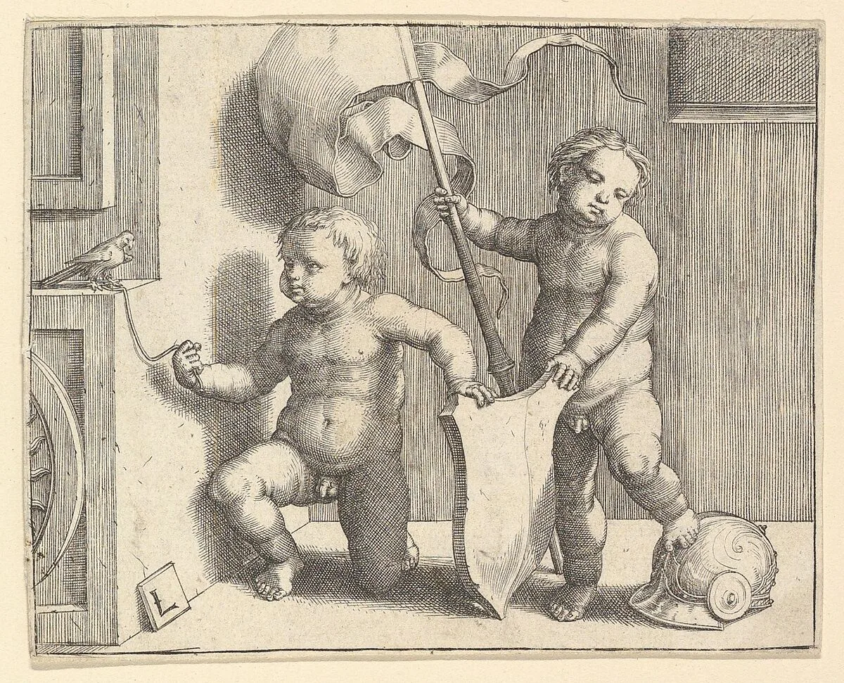 Two Nude Children Supporting a Blank Shield — Lucas van Leyden
