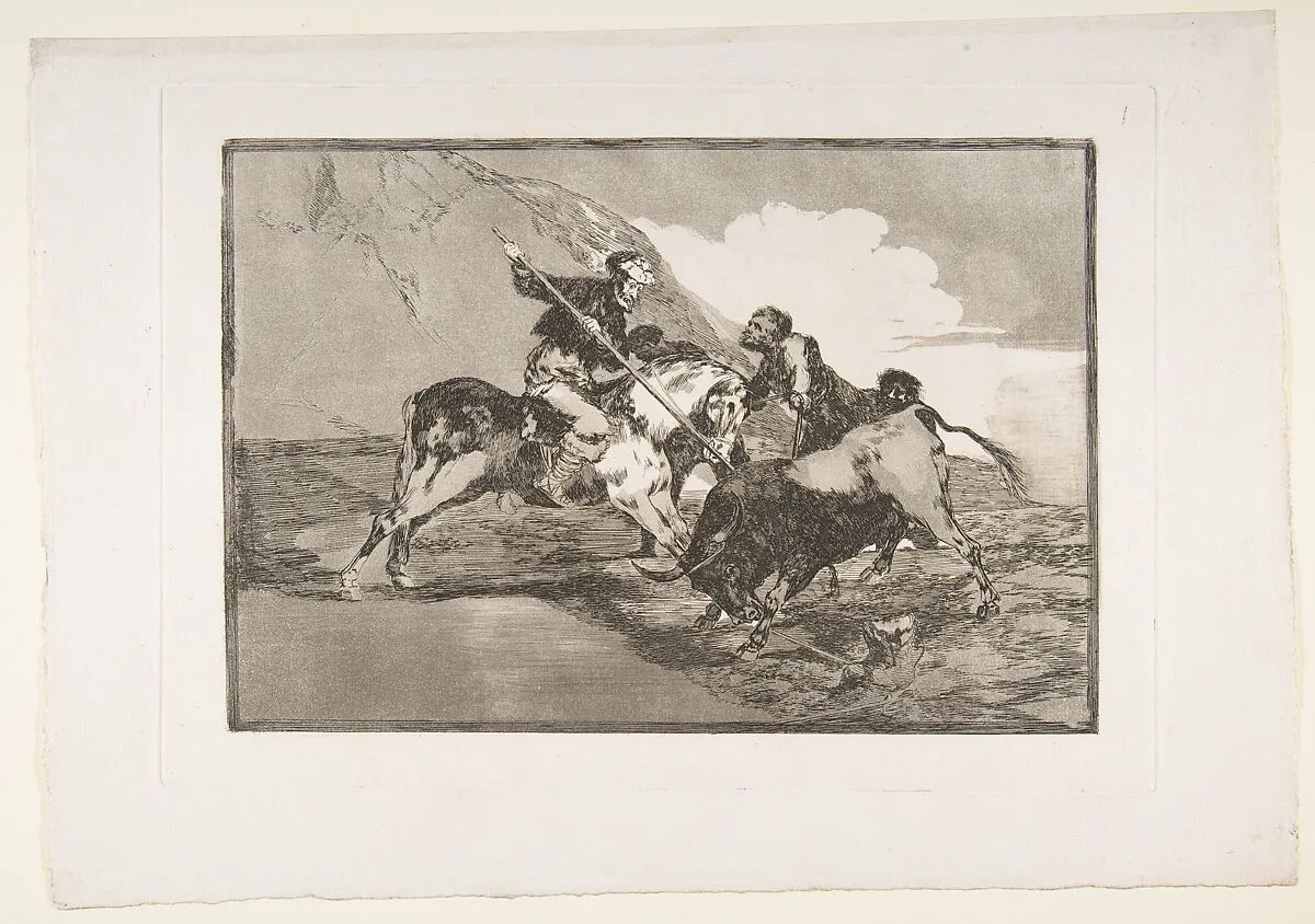 Plate 1 from "La Tauromaquia": The way in which the ancient Spaniards hunted bulls on horseback in the open country — Goya (Francisco de Goya y Lucientes)