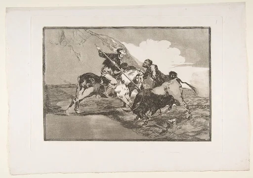 Plate 1 from "La Tauromaquia": The way in which the ancient Spaniards hunted bulls on horseback in the open country