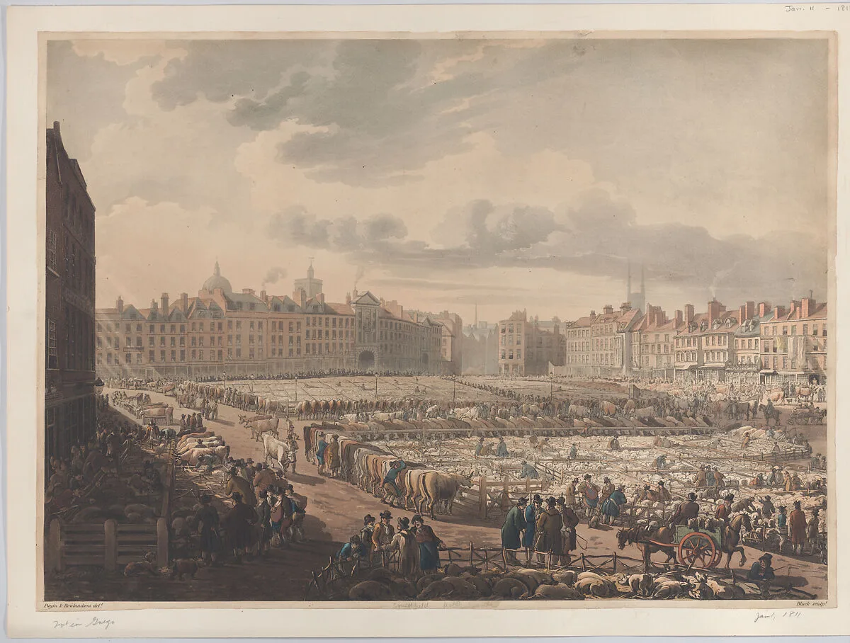 A Bird's Eye View of Smithfield Market, Taken from the Bear & Ragged Staff — Auguste Charles Pugin|John Bluck|Rudolph Ackermann, London|Thomas Rowlandson