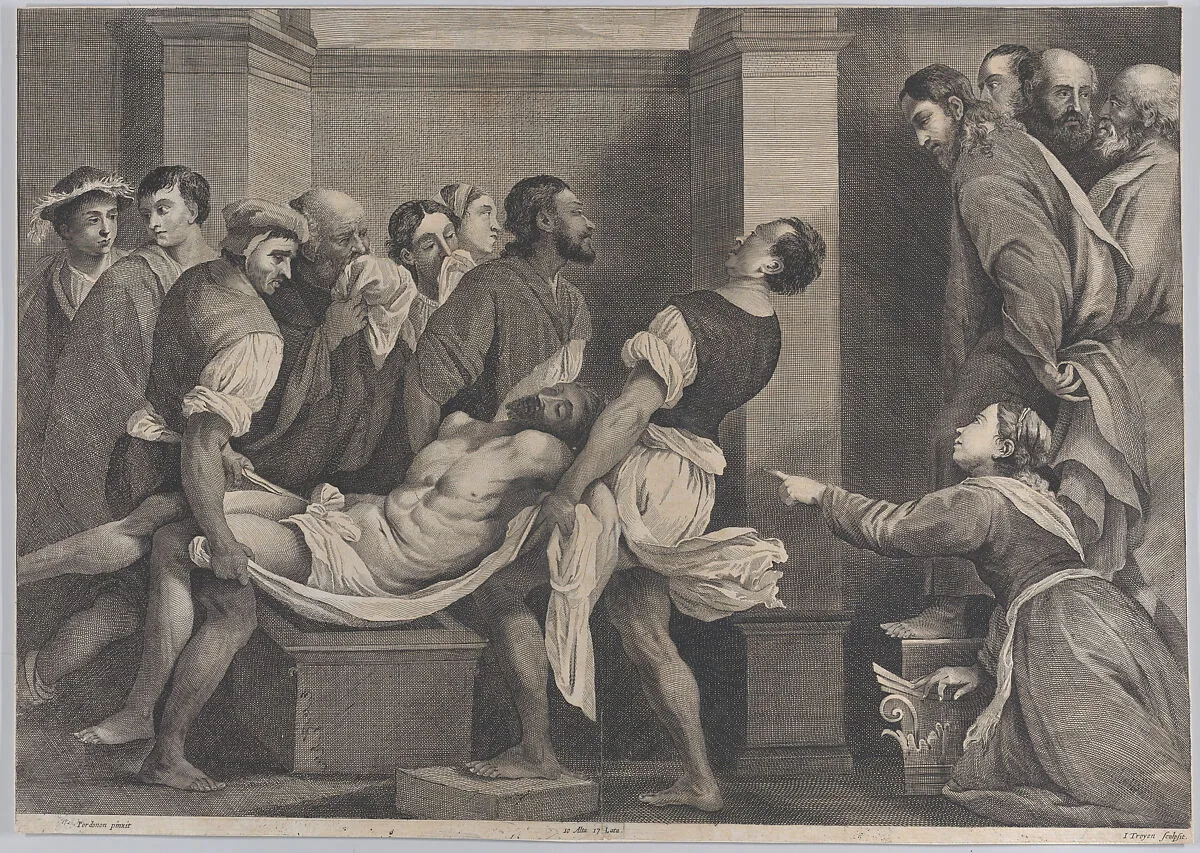 The raising of Lazarus, who is carried by three men at left, while his sister and Christ look on at right; from 'Theatrum Pictorium', after Pordenone — Jan van Troyen|David Teniers the Younger|Giovanni Antonio da Pordenone (Giovanni Antonio de Sacchis)