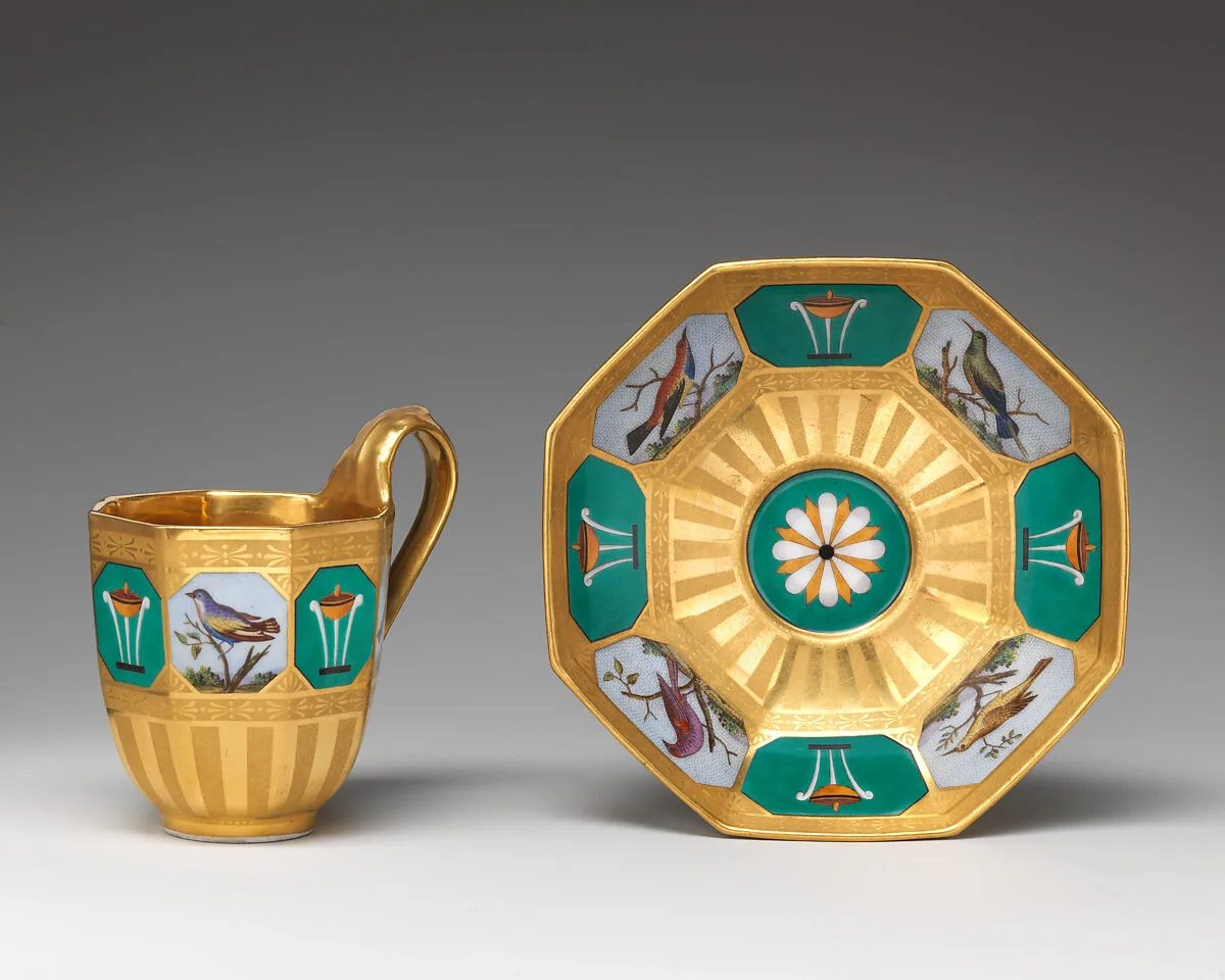 Cup and saucer with birds in micromosaic decoration — Royal Porcelain Manufactory (Königliche Porzellan-Manufaktur), Berlin