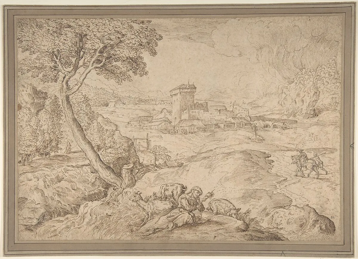 Landscape with an Old Woman Holding a Spindle — Domenico Campagnola