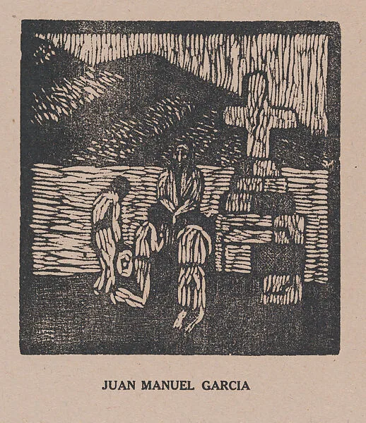 Figures praying by a cemetary or roadside shrine, from the portfolio 'Los pequeños grabadores en madera, alumnos de la Escuela Preparatoria de Jalisco' (Guadalajara, Mexico 1925). — Juan Manuel García