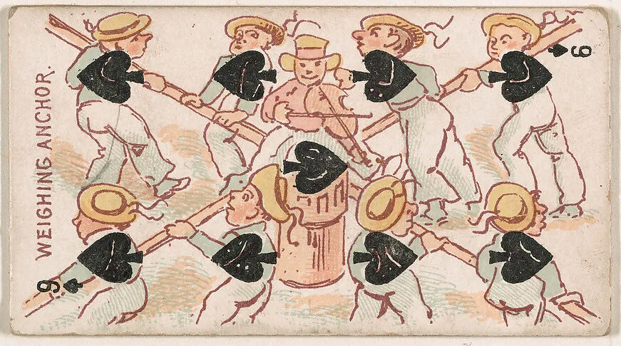 Nine of Spades, Weighing Anchor, from Harlequin Cards, 2nd Series (N220) issued by Kinney Bros. — Kinney Brothers Tobacco Company