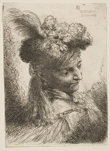Young man facing three quaters right wearing a fur headdress with a plume, jewel and a headband, from "Small Heads in Oriental Headdress"