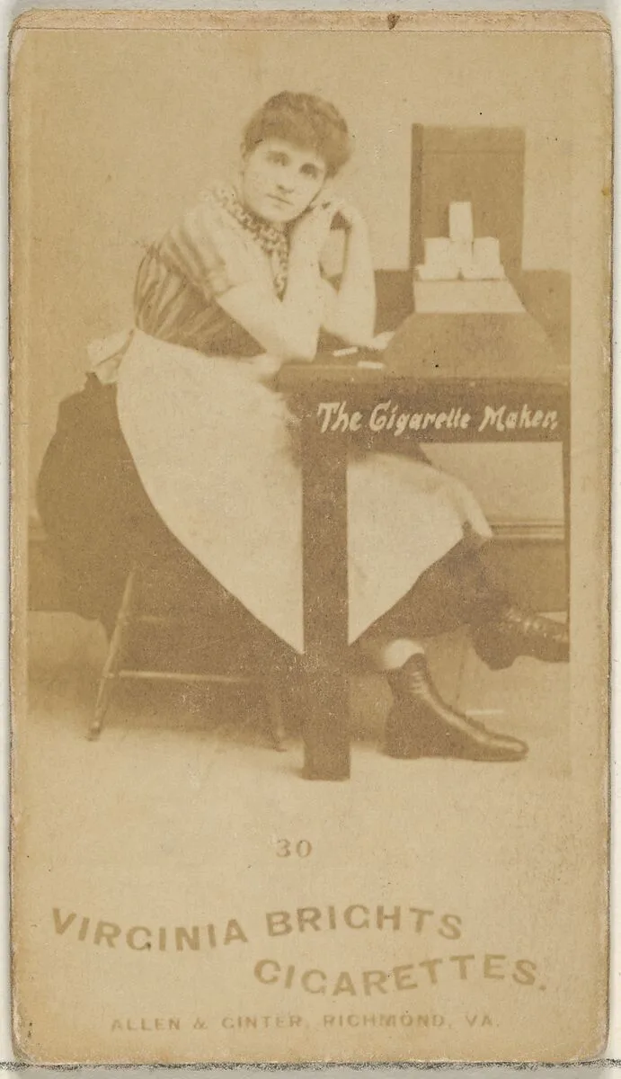 Card 30, from the series, Cigarette Making Girls (N46) for Virginia Brights Cigarettes — Allen & Ginter
